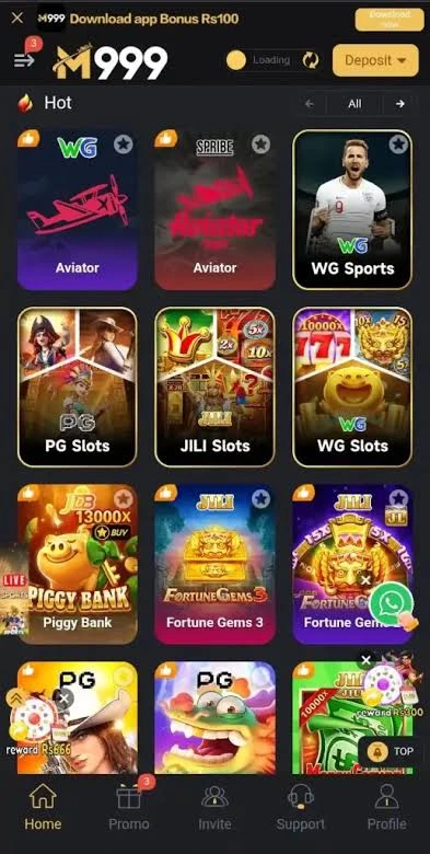 M999 game dashboard showing game categories